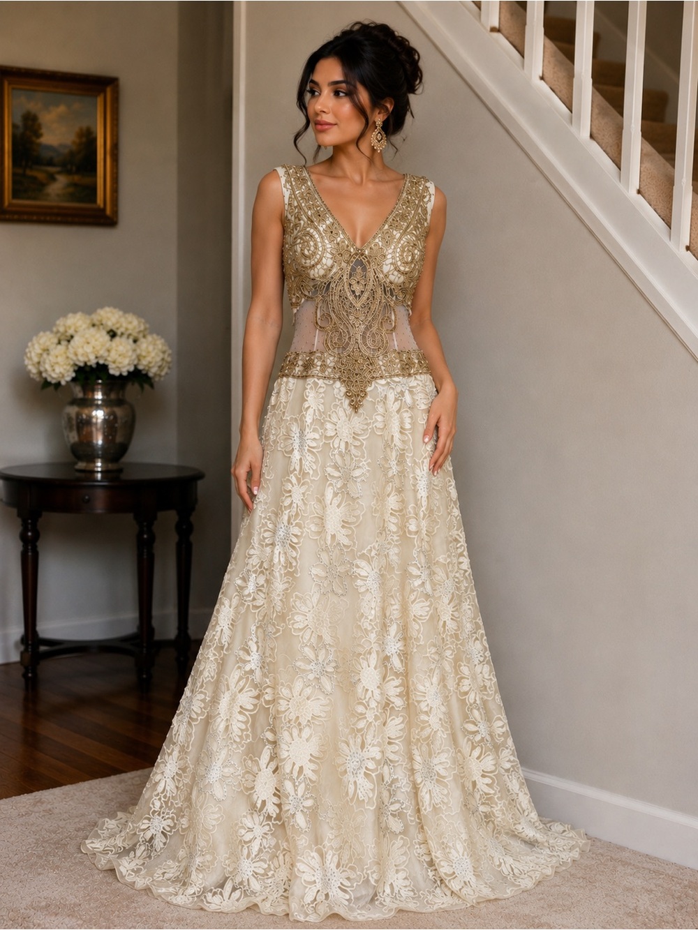 Embellished Gold Lace Maxi Dress - V-Neck Formal Gown